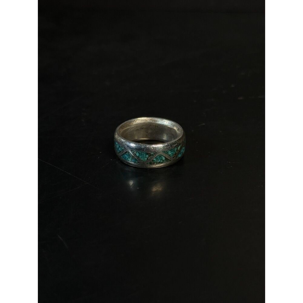 Thick Sterling Silver Turquoise Inlay Ring Size 6